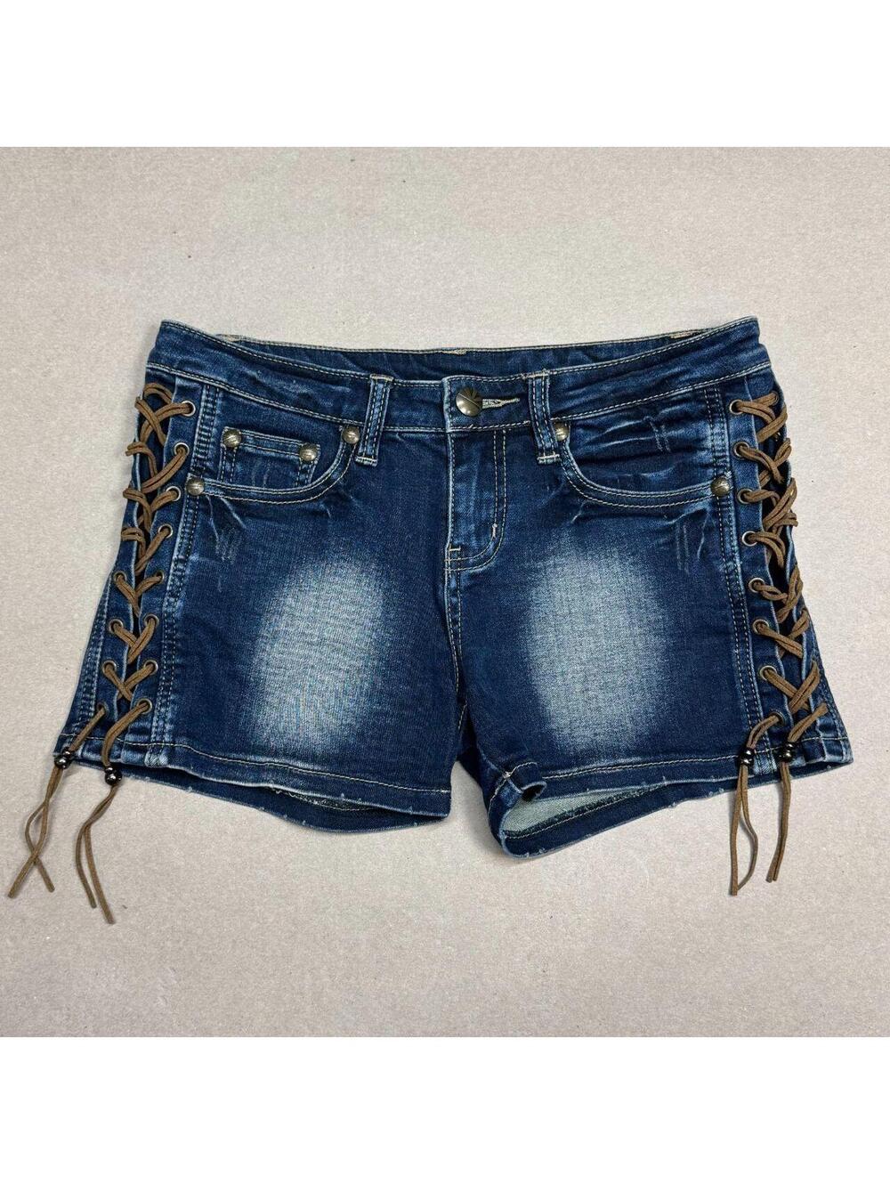 Vintage Y2K Low Rise Denim Micro Shorts Faded Lace Up